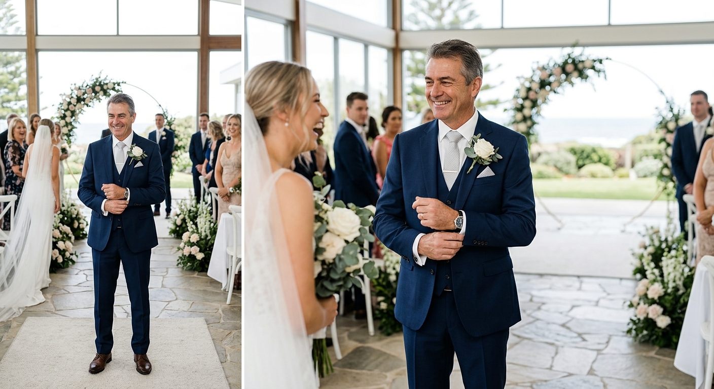 Hero lifestyle shot: Father of the Bride in a bright, clean setting, natural light, editorial photography style — for fo