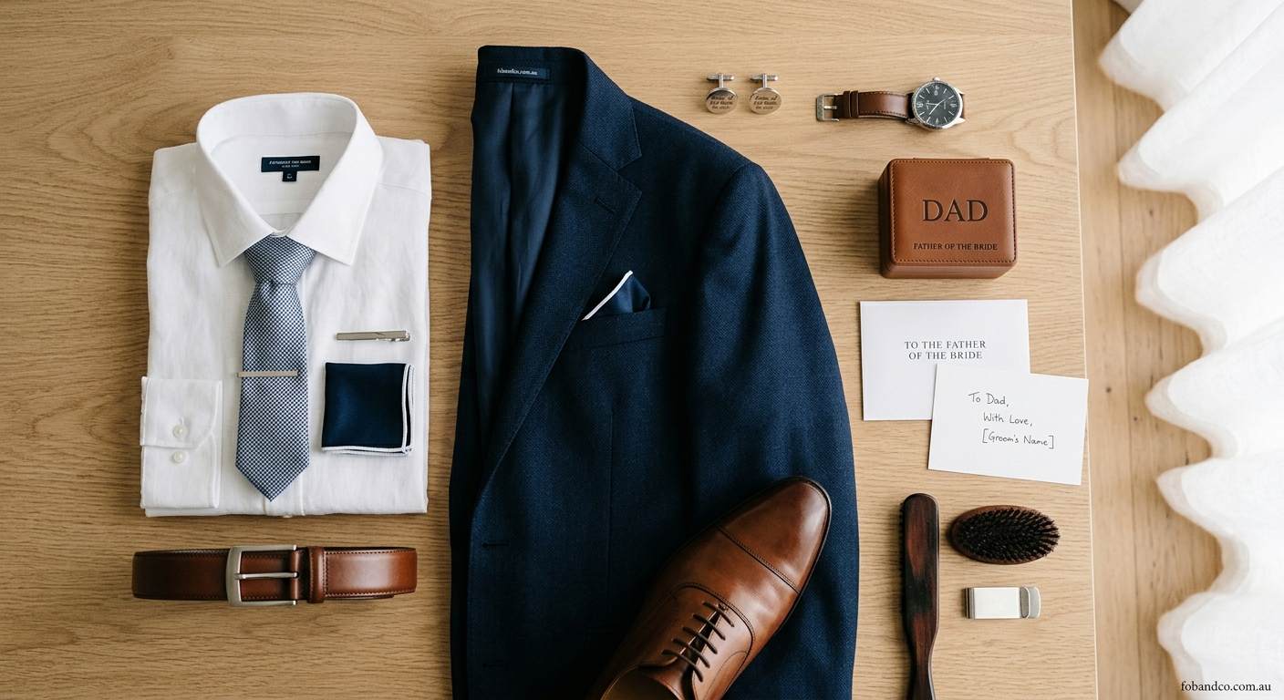 Detail close-up or styled flat-lay of Father of the Bride with complementary accessories on a clean surface — for foband