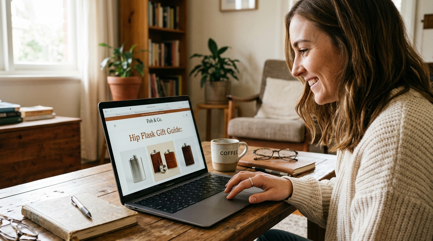 Mid-article supporting image: person interacting with or selecting Hip Flask Gift Guide:, warm authentic moment — for fo