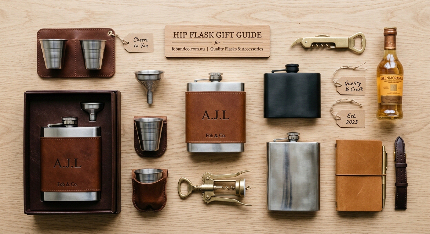 Detail close-up or styled flat-lay of Hip Flask Gift Guide: with complementary accessories on a clean surface — for foba