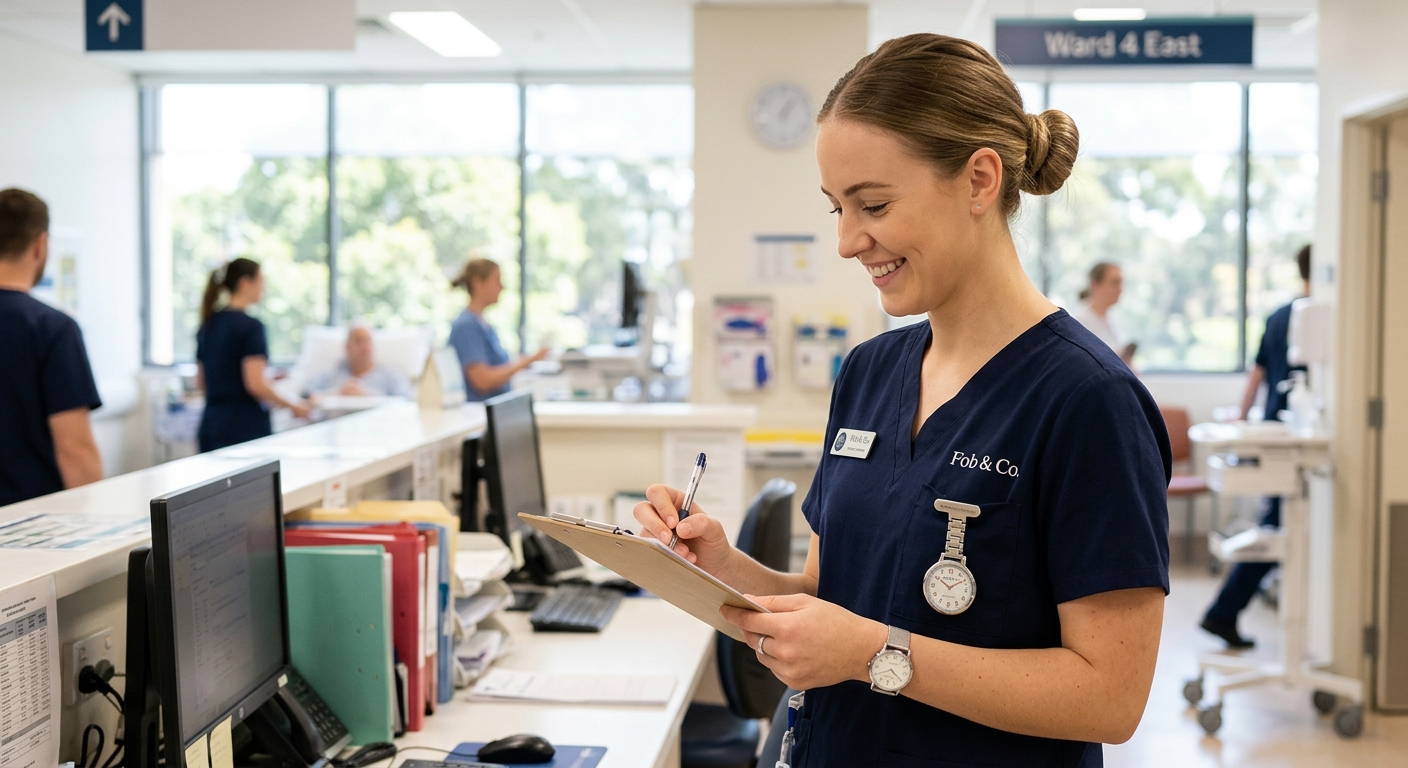 Hero lifestyle shot: Choose a Nurses Fob in a bright, clean setting, natural light, editorial photography style — for fo