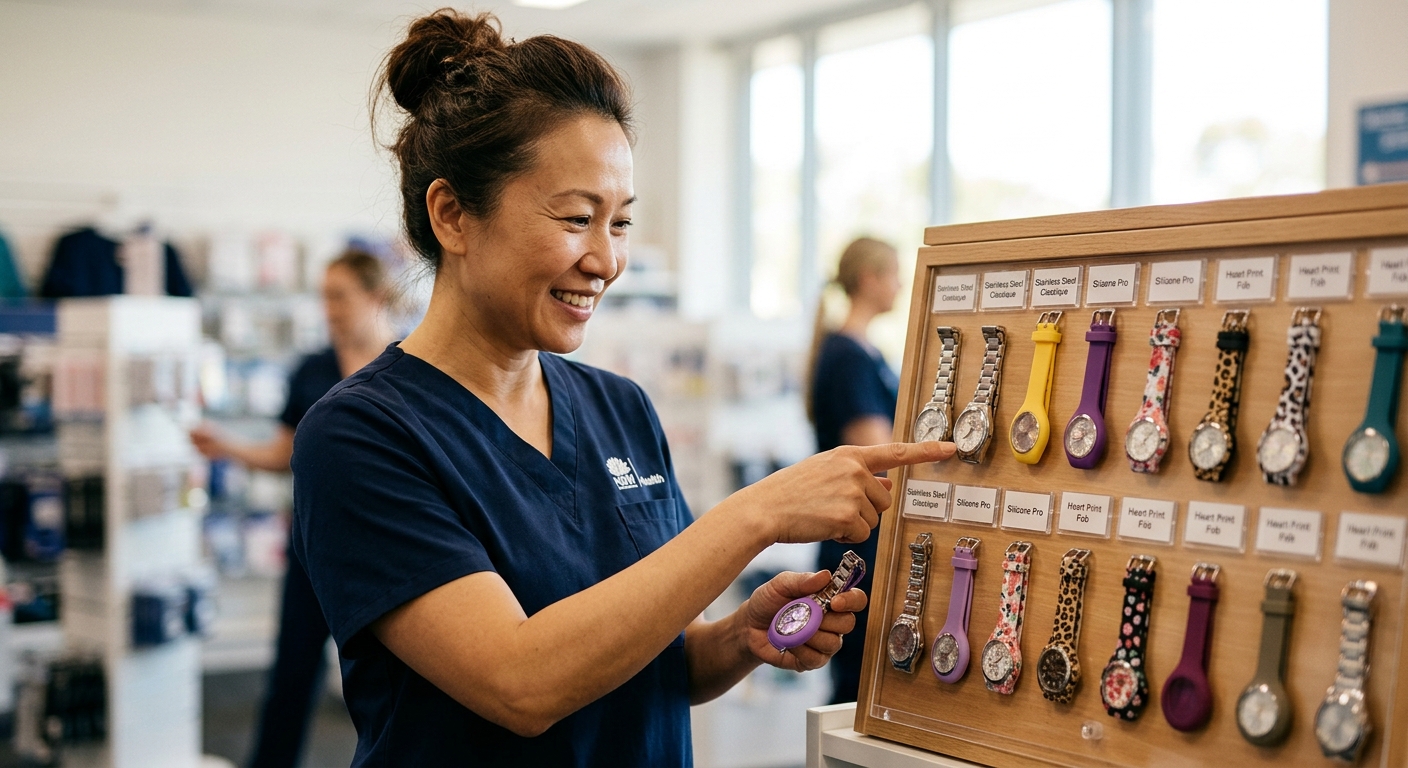 Mid-article supporting image: person interacting with or selecting Choose a Nurses Fob, warm authentic moment — for foba