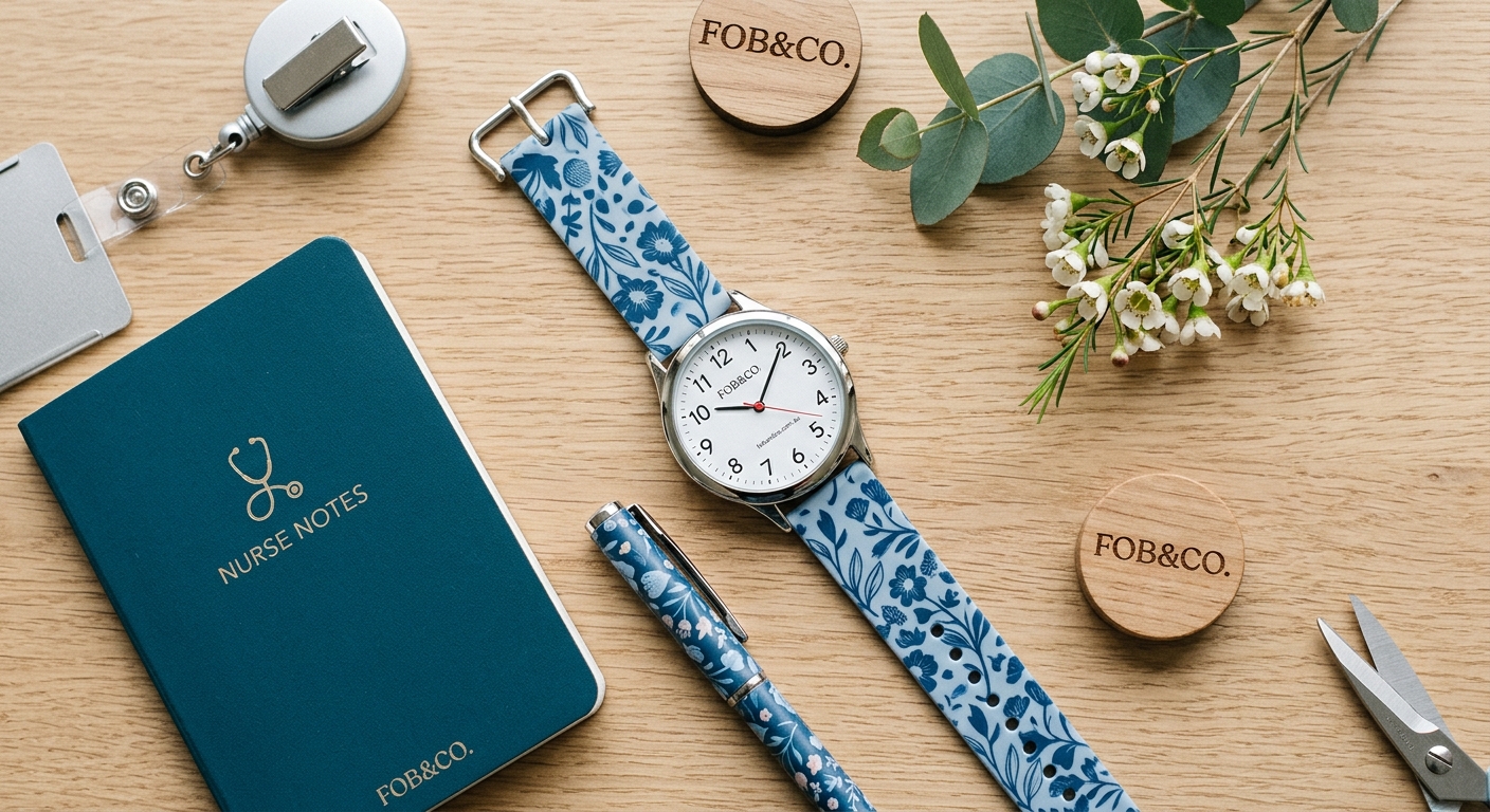 Detail close-up or styled flat-lay of Choose a Nurses Fob with complementary accessories on a clean surface — for foband