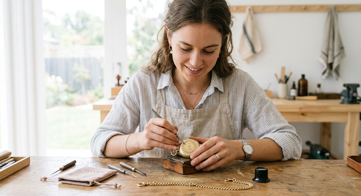 Hero lifestyle shot: Engrave a Pocket Watch: in a bright, clean setting, natural light, editorial photography style — fo