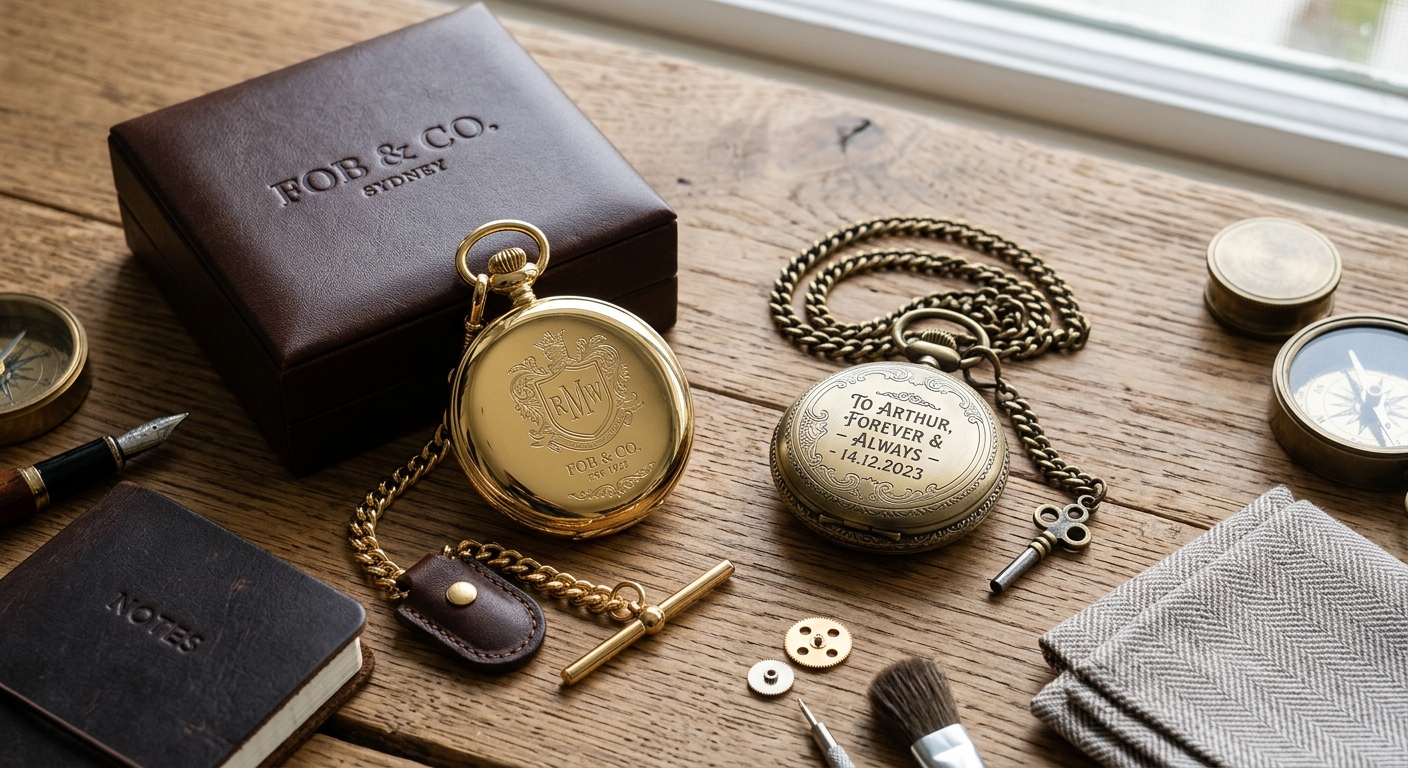 Detail close-up or styled flat-lay of Engrave a Pocket Watch: with complementary accessories on a clean surface — for fo