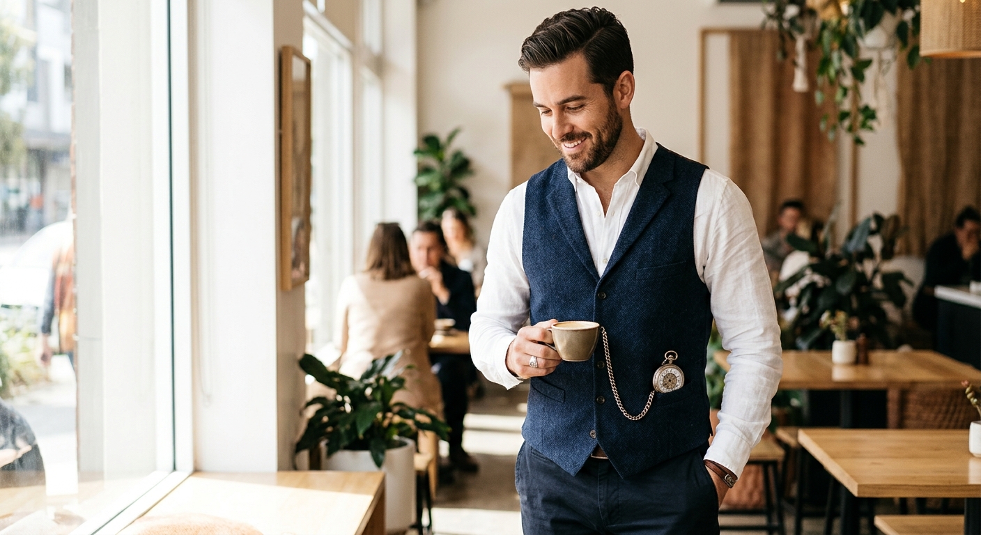 Hero lifestyle shot: Wear a Pocket Watch in a bright, clean setting, natural light, editorial photography style — for fo