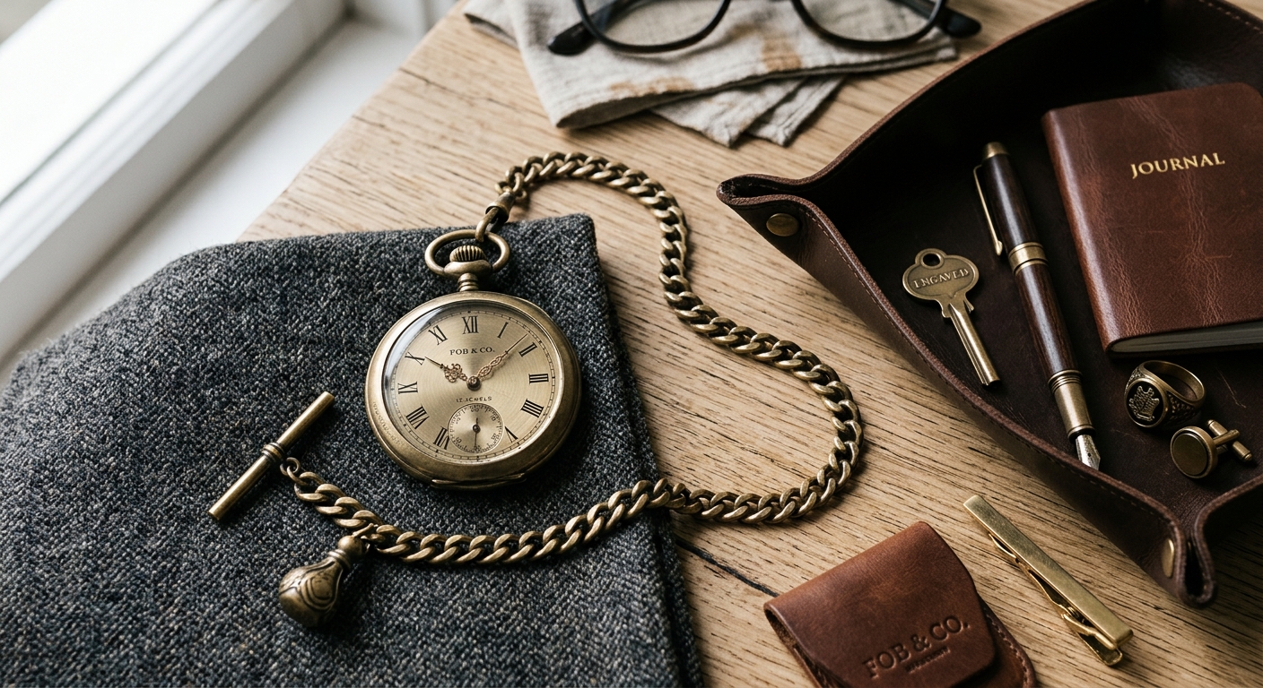 Detail close-up or styled flat-lay of Wear a Pocket Watch with complementary accessories on a clean surface — for foband