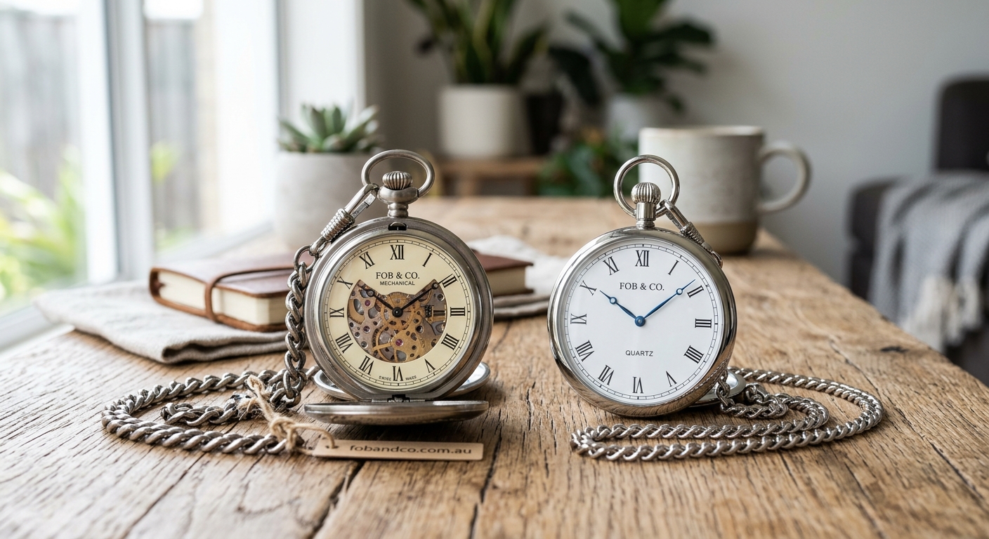 Hero lifestyle shot: Mechanical vs Quartz Pocket in a bright, clean setting, natural light, editorial photography style