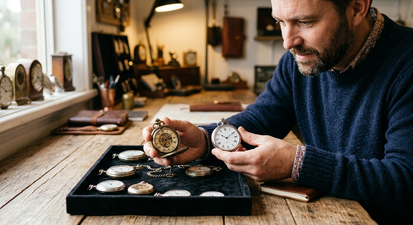 Mid-article supporting image: person interacting with or selecting Mechanical vs Quartz Pocket, warm authentic moment —