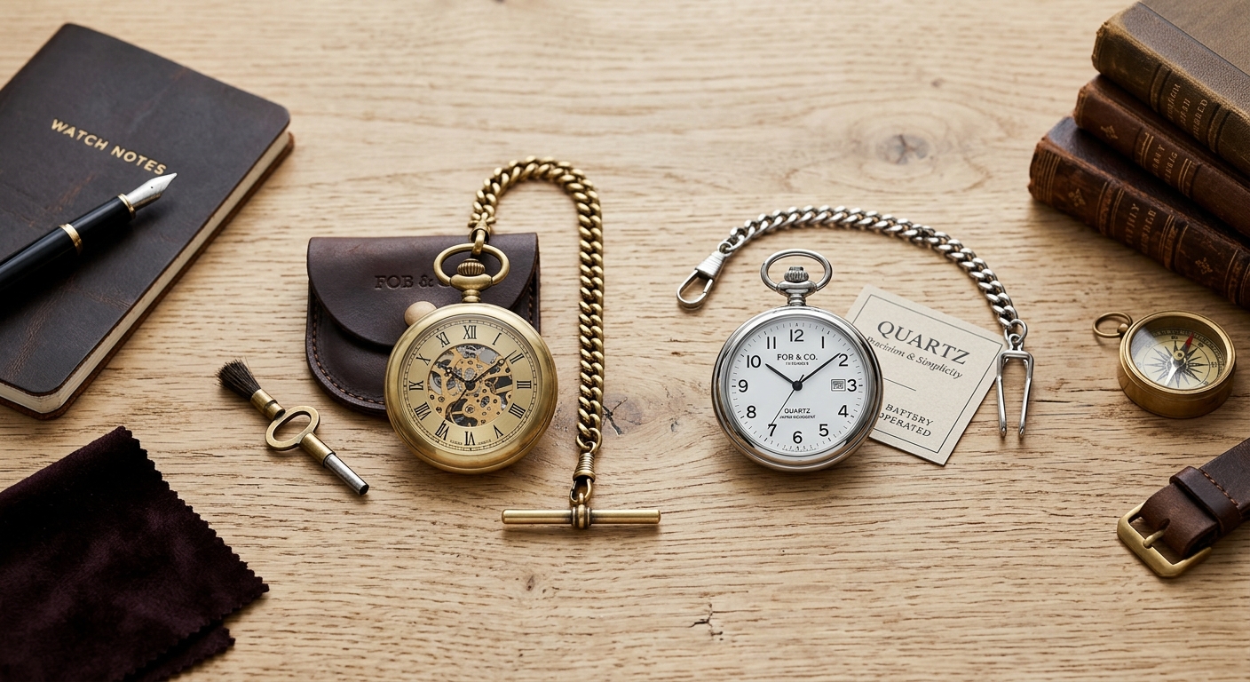 Detail close-up or styled flat-lay of Mechanical vs Quartz Pocket with complementary accessories on a clean surface — fo