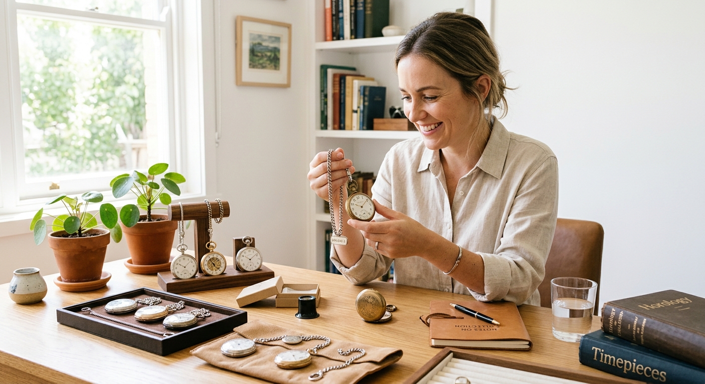 Hero lifestyle shot: Pocket Watch Collecting for in a bright, clean setting, natural light, editorial photography style