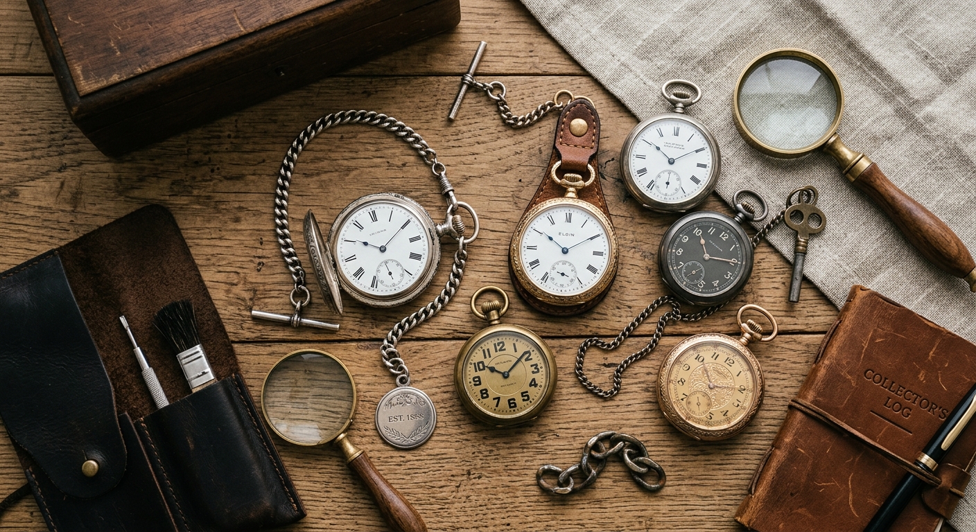 Detail close-up or styled flat-lay of Pocket Watch Collecting for with complementary accessories on a clean surface — fo