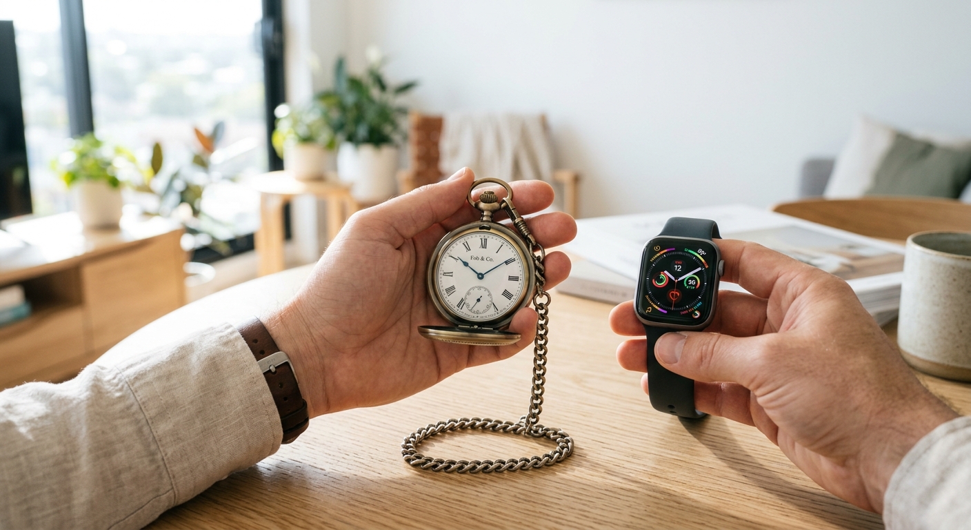 Hero lifestyle shot: Pocket Watch vs Smart in a bright, clean setting, natural light, editorial photography style — for