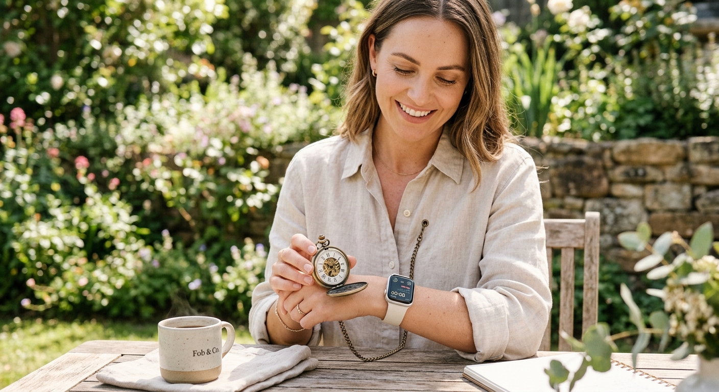 Hero lifestyle shot: Pocket Watch vs Smart in a bright, clean setting, natural light, editorial photography style — for
