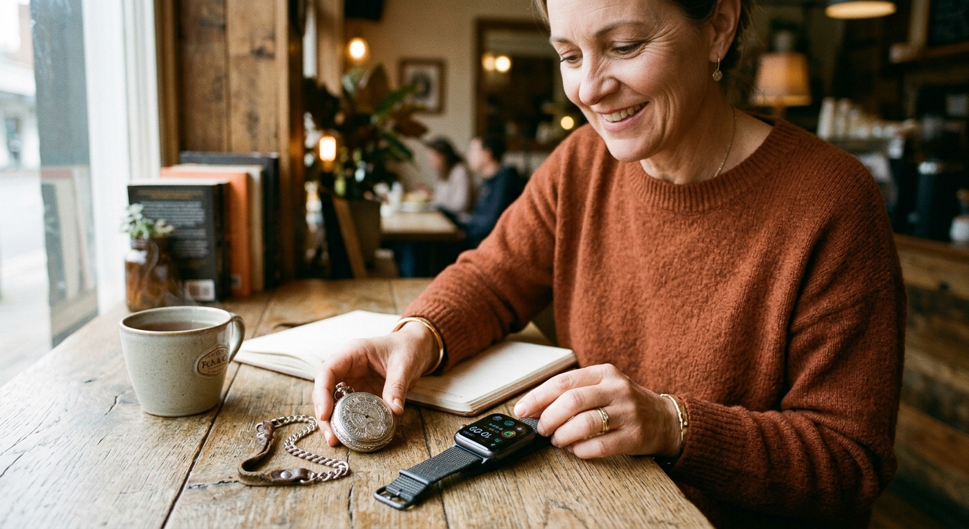 Mid-article supporting image: person interacting with or selecting Pocket Watch vs Smart, warm authentic moment — for fo