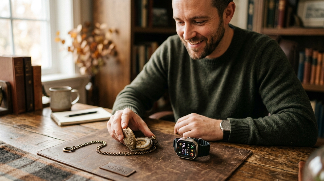 Mid-article supporting image: person interacting with or selecting Pocket Watch vs Smart, warm authentic moment — for fo