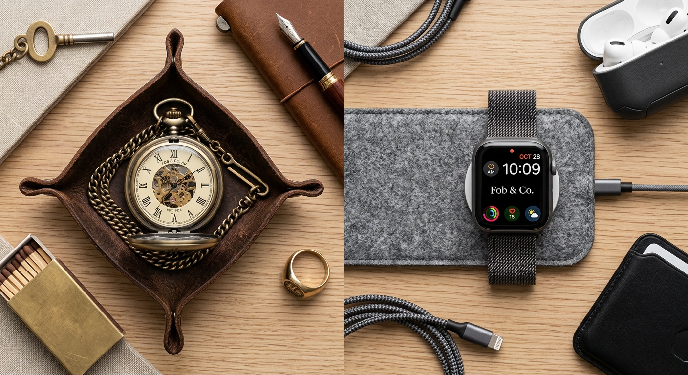 Detail close-up or styled flat-lay of Pocket Watch vs Smart with complementary accessories on a clean surface — for foba