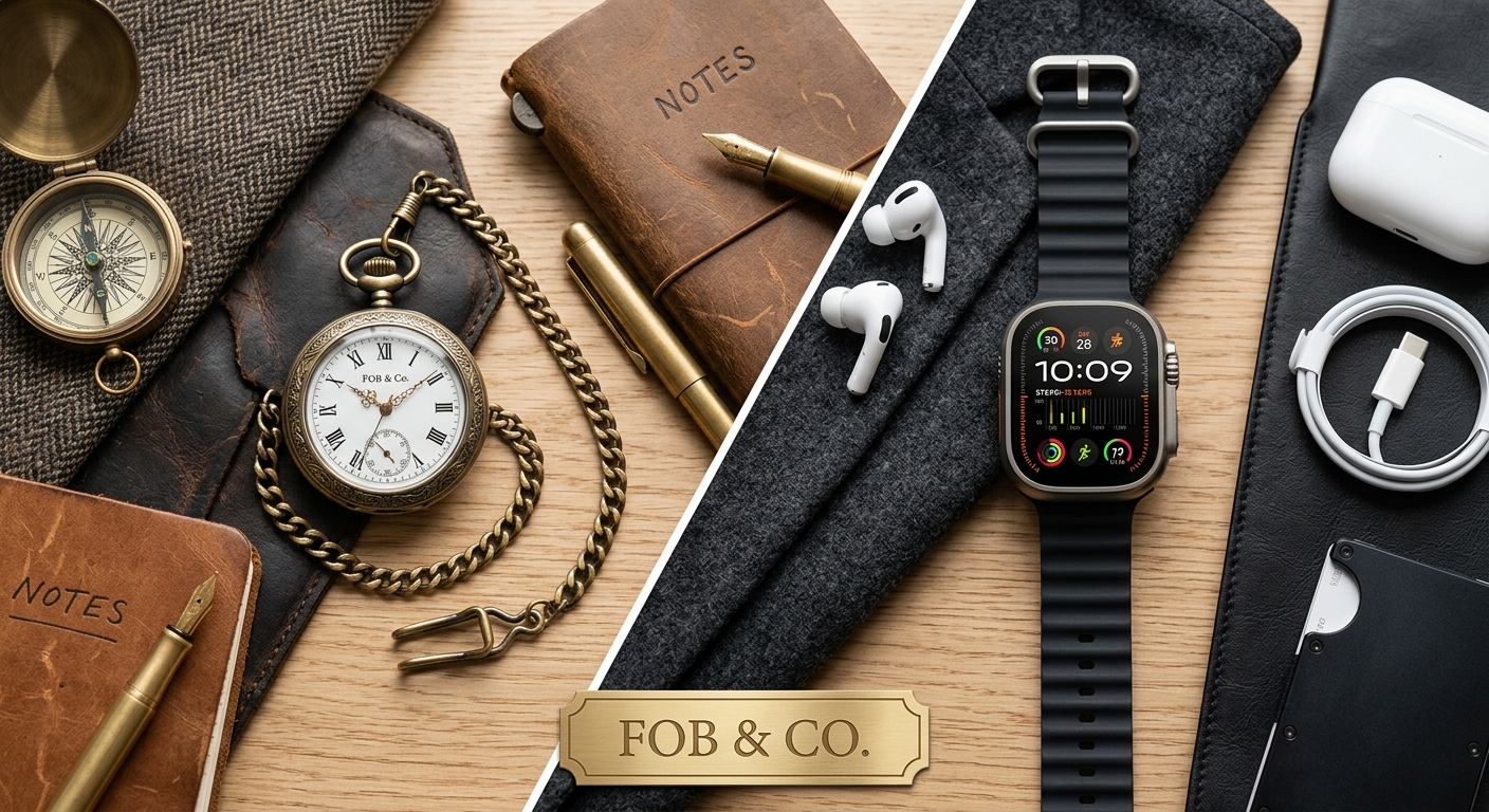 Detail close-up or styled flat-lay of Pocket Watch vs Smart with complementary accessories on a clean surface — for foba