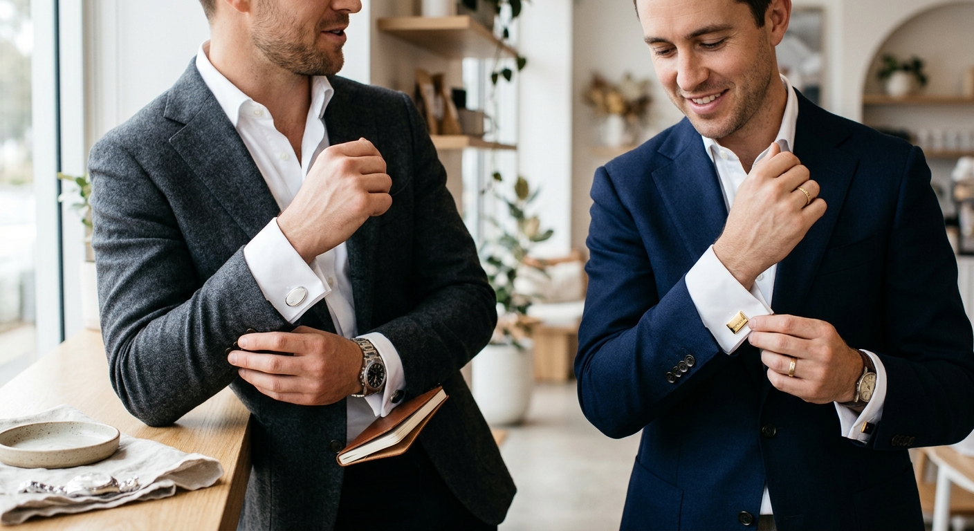 Hero lifestyle shot: Silver vs Gold Cufflinks: in a bright, clean setting, natural light, editorial photography style —