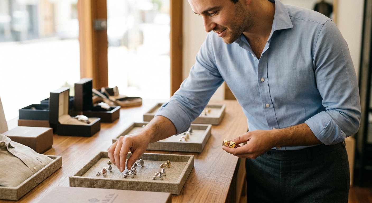 Mid-article supporting image: person interacting with or selecting Silver vs Gold Cufflinks:, warm authentic moment — fo