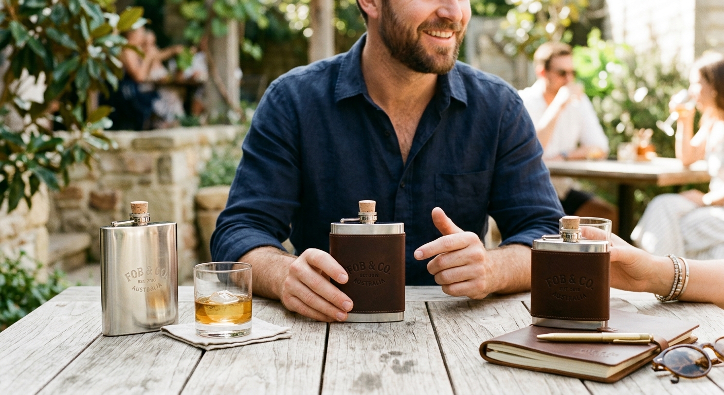 Hero lifestyle shot: Stainless Steel Hip Flasks: in a bright, clean setting, natural light, editorial photography style