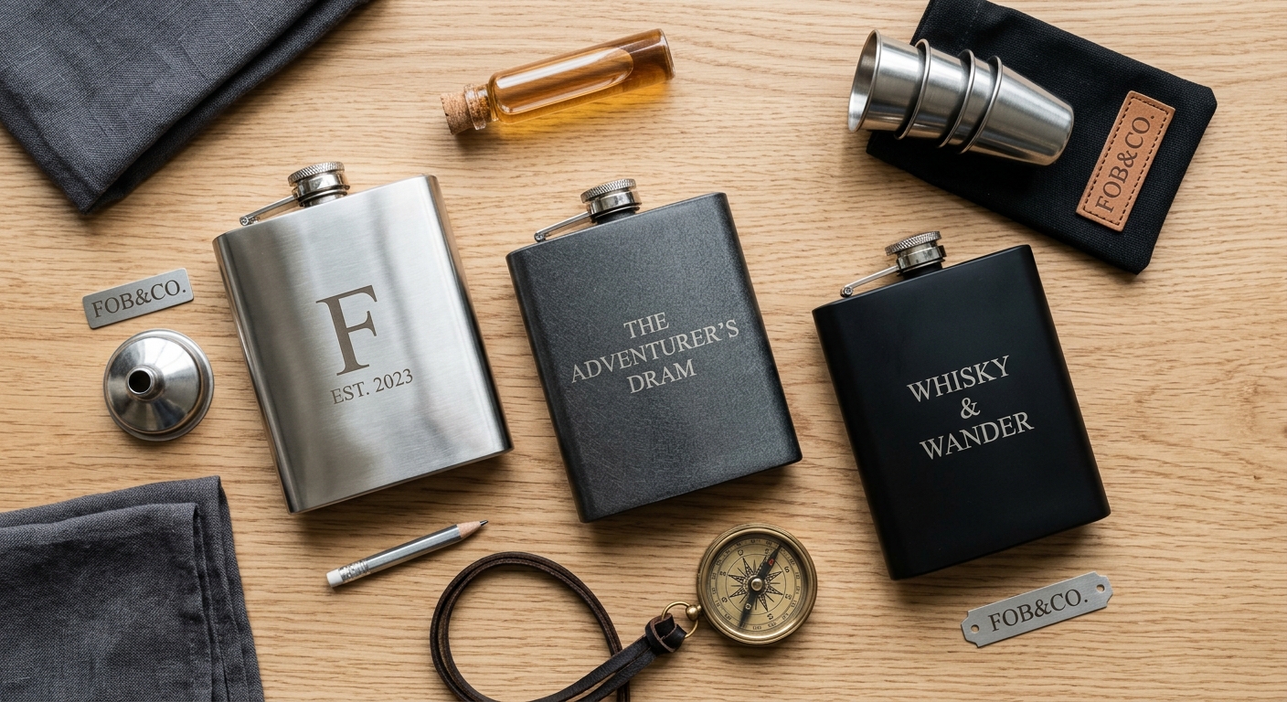 Detail close-up or styled flat-lay of Stainless Steel Hip Flasks: with complementary accessories on a clean surface — fo