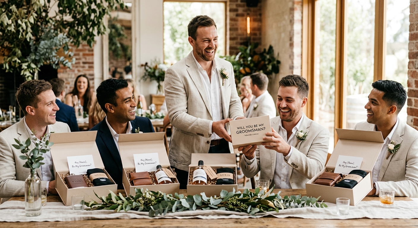 Hero lifestyle shot: Groomsmen Proposal Gift Ideas in a bright, clean setting, natural light, editorial photography styl
