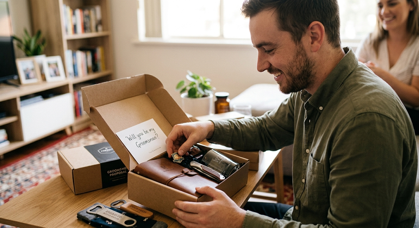 Mid-article supporting image: person interacting with or selecting Groomsmen Proposal Gift Ideas, warm authentic moment