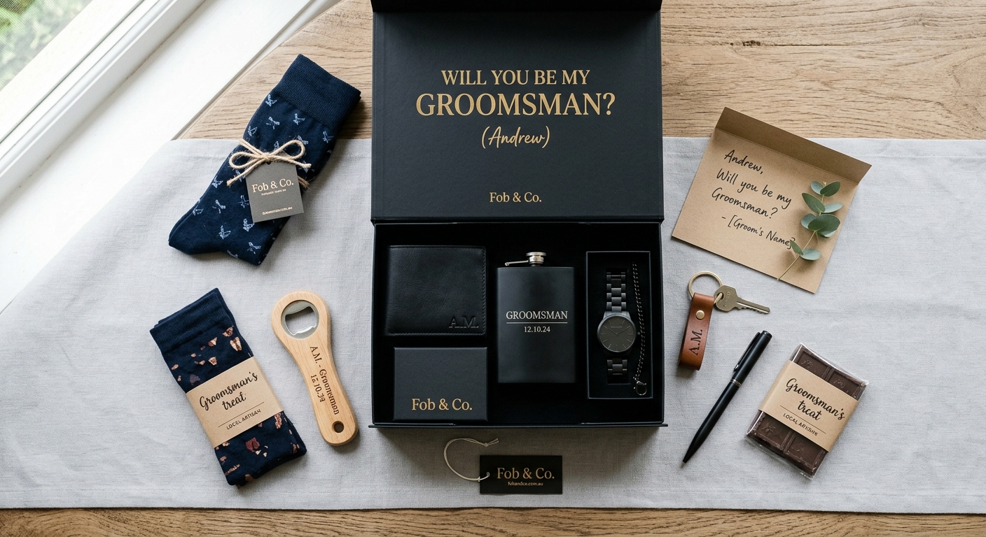Detail close-up or styled flat-lay of Groomsmen Proposal Gift Ideas with complementary accessories on a clean surface —