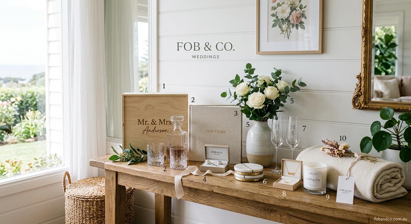 Hero lifestyle shot: 10 Wedding Day Gifts in a bright, clean setting, natural light, editorial photography style — for f