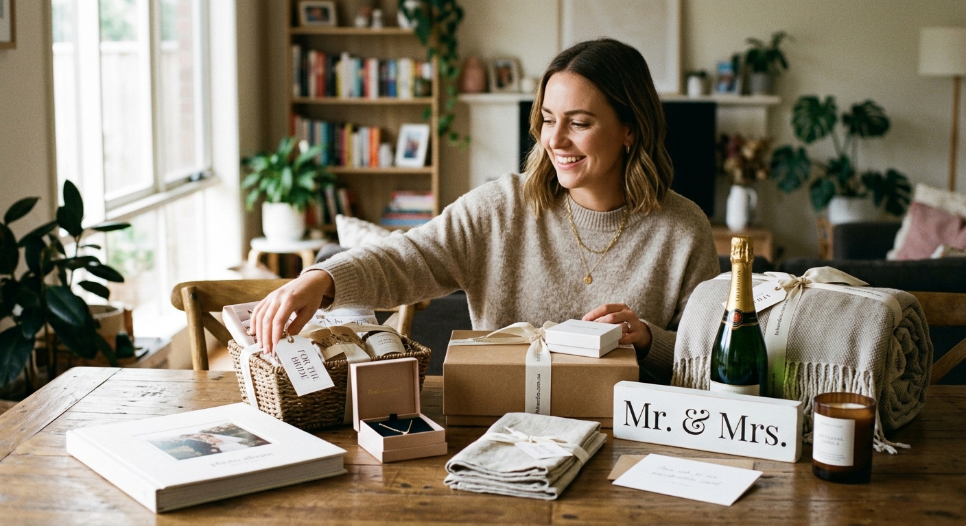 Mid-article supporting image: person interacting with or selecting 10 Wedding Day Gifts, warm authentic moment — for fob