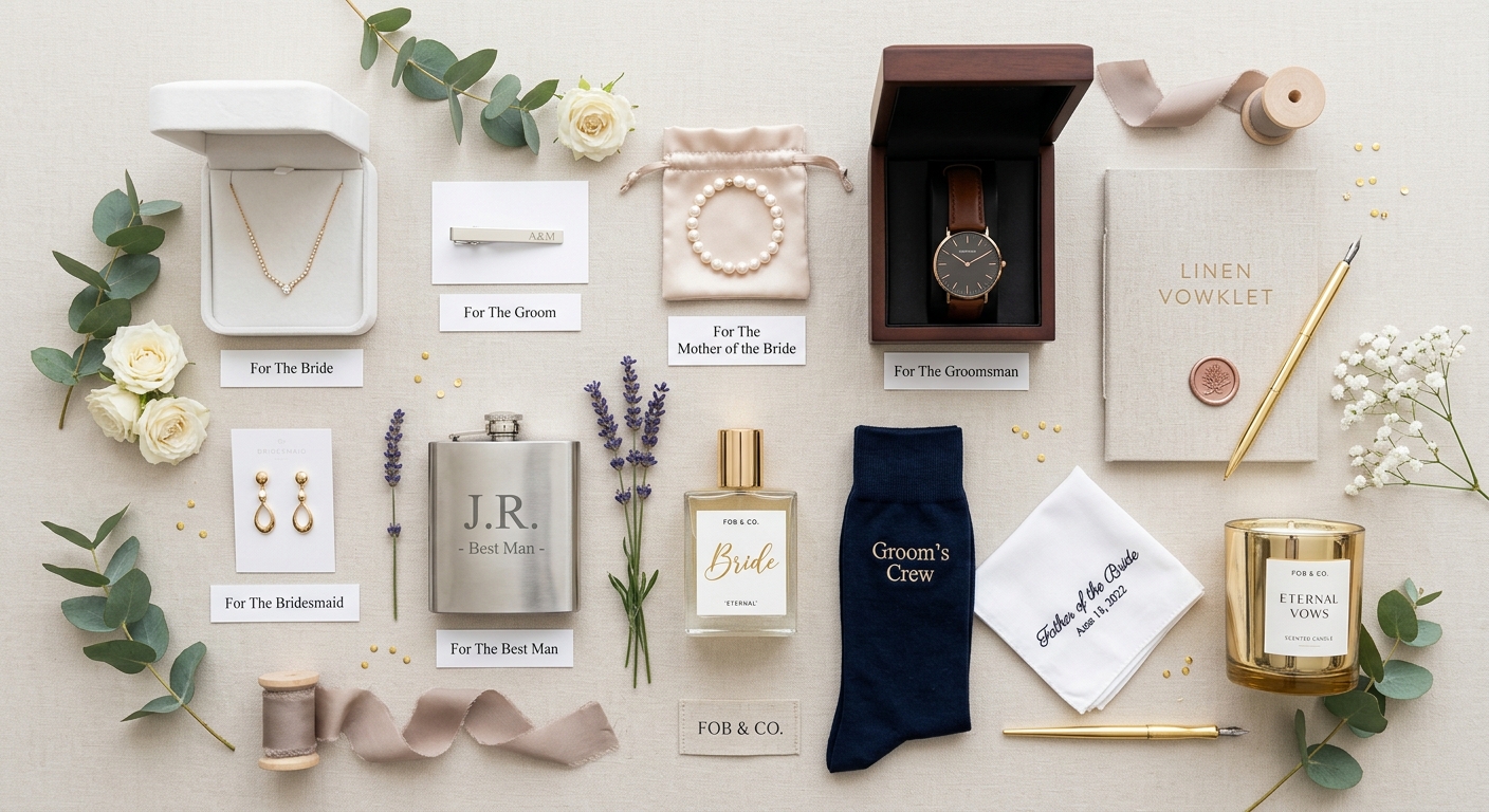 Detail close-up or styled flat-lay of 10 Wedding Day Gifts with complementary accessories on a clean surface — for foban