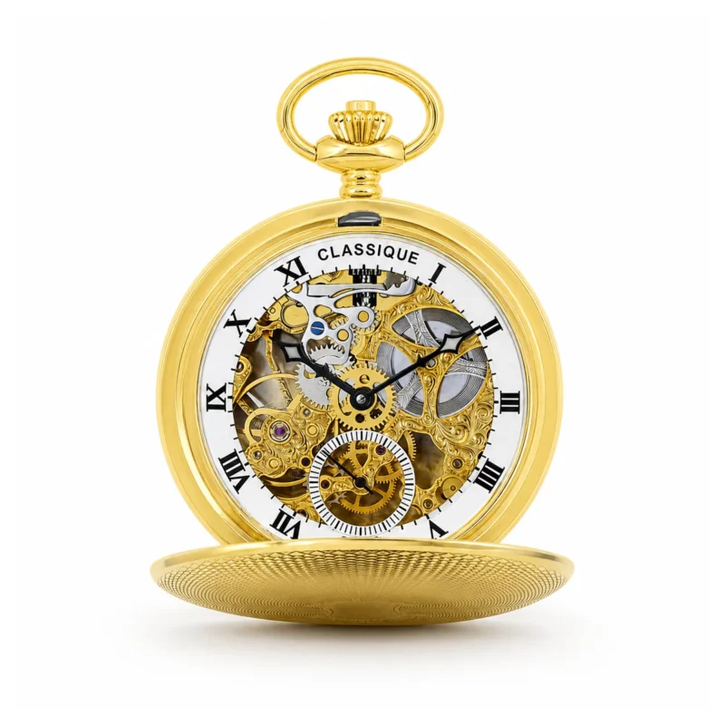 Gents 42mm 18ct Solid Gold Hand Engraved Skeleton Mechanical “Wesley” Pocket Watch – image 2 Gents 42mm 18ct Solid Gold Hand Engraved Skeleton Mechanical "Wesley" Pocket Watch
