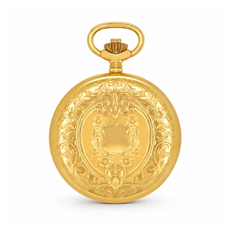 Gents 18ct Solid Gold Engraved Dual Time "Majesty" Swiss Quartz Pocket Watch