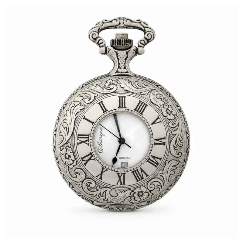 Gents 48mm Pewter Antique Rhodium Plated "Hemingway" Swiss Quartz Pocket Watch