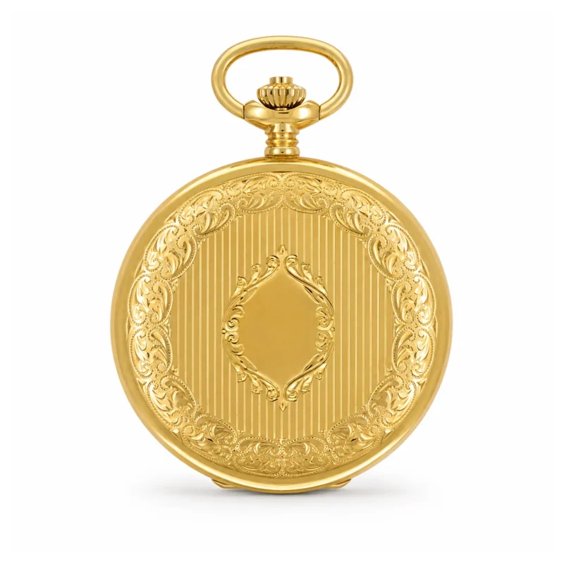 Gents 18ct Solid Gold Engraved Dual Time "Grandeur" Swiss Quartz Pocket Watch