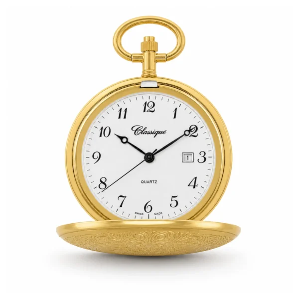 Gents 40mm Gold Plated "Clover" Swiss Quartz Pocket Watch - image 2 Gents 40mm Gold Plated "Clover" Swiss Quartz Pocket Watch