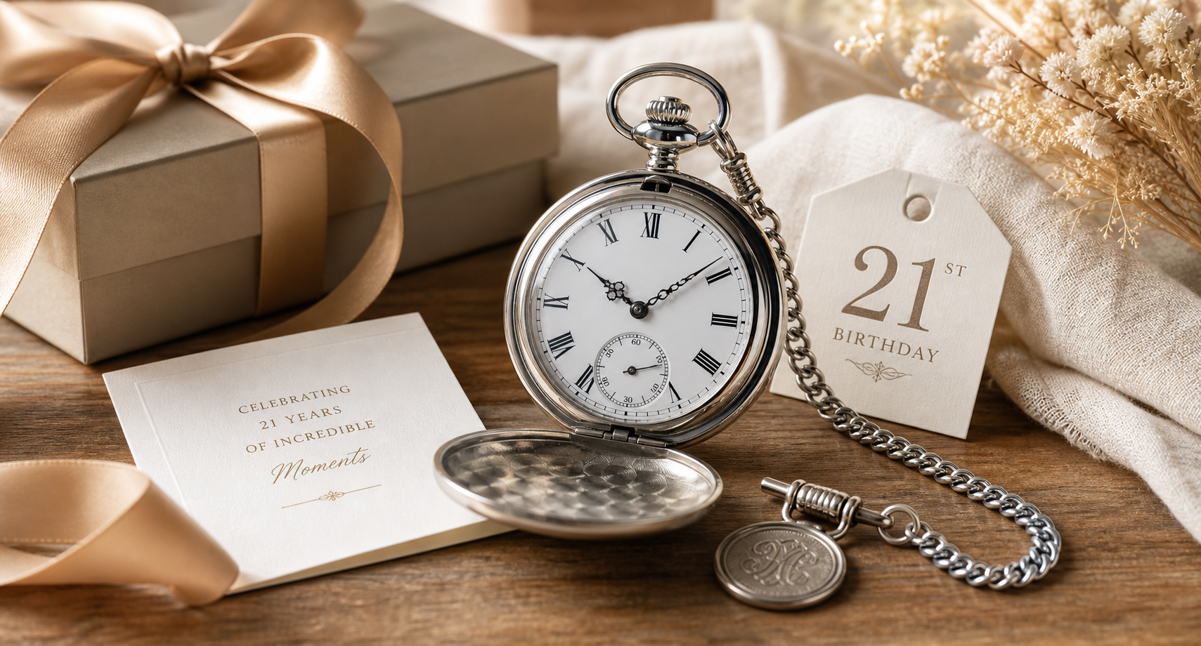 Hero lifestyle shot of a pocket watch, contextually illustrating '21st birthday pocket watch' for fobandco.com.au. no wr