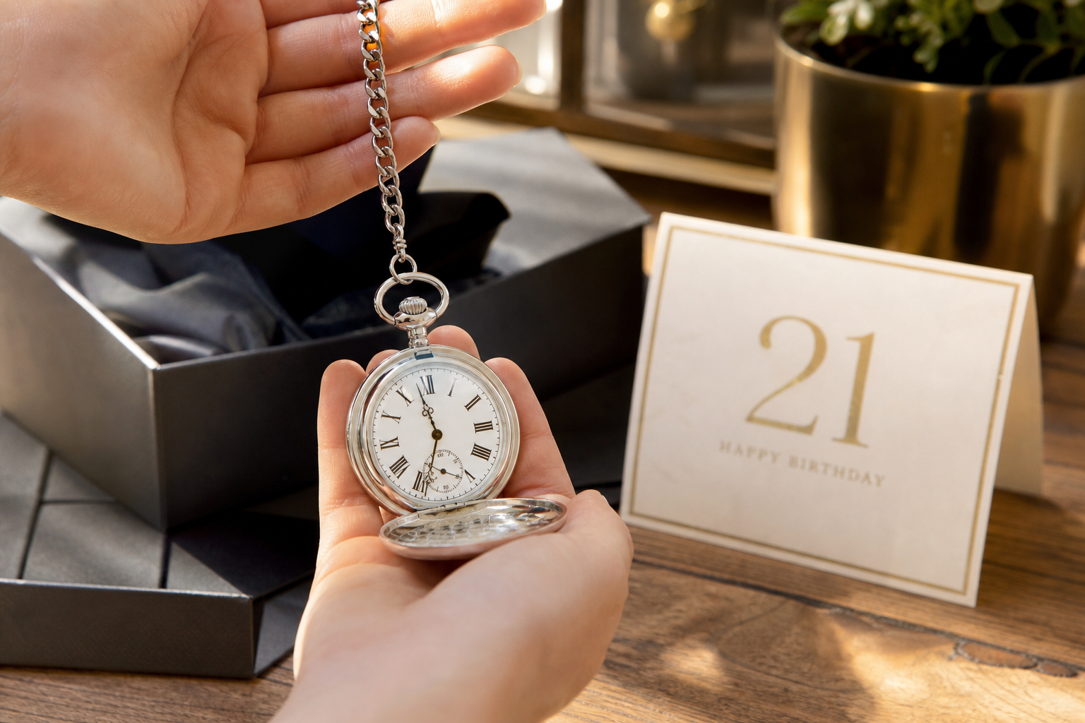 Mid-article supporting image of a person handling or selecting a pocket watch, contextually illustrating '21st birthday