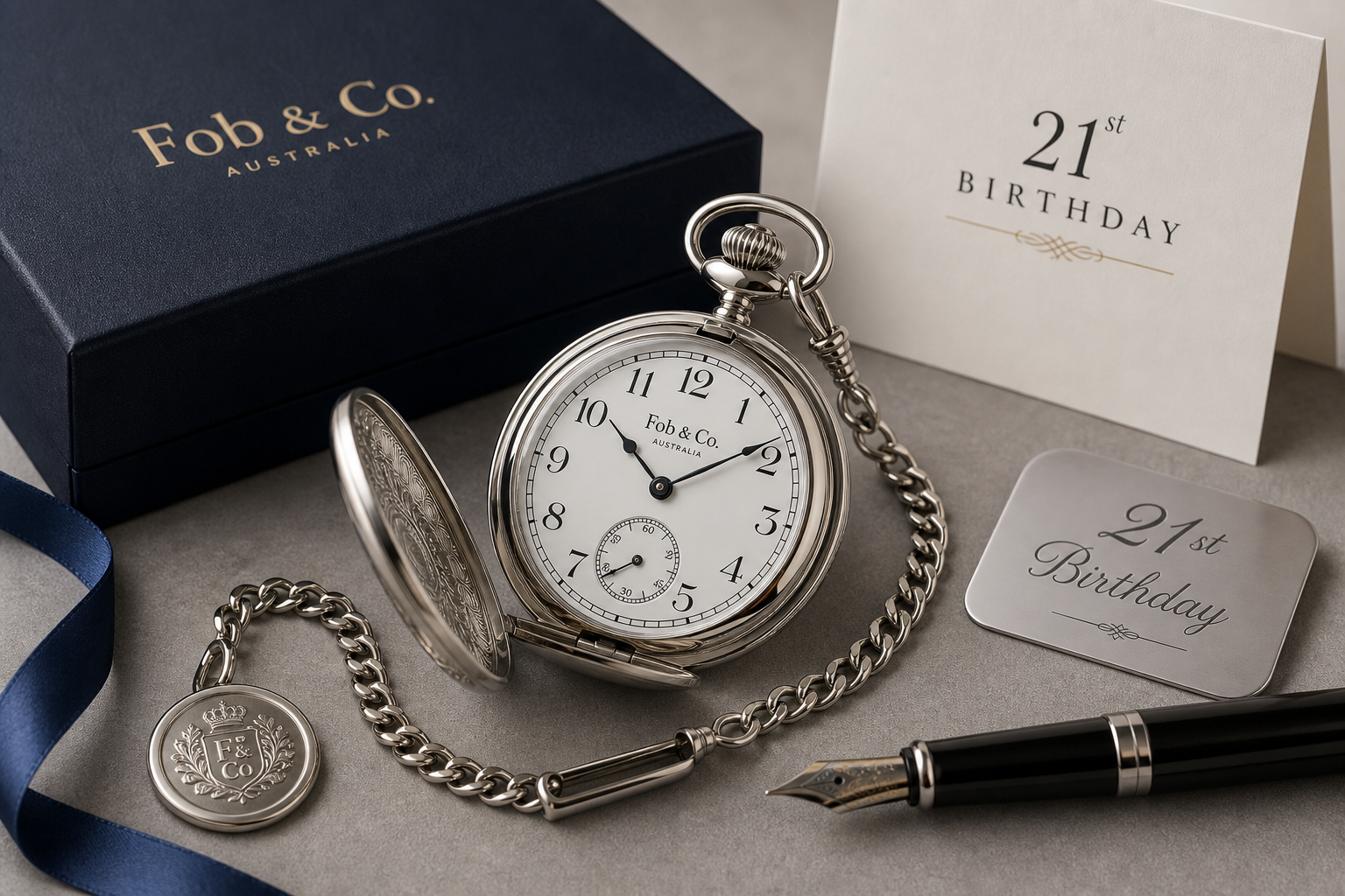 Detail close-up or styled flat-lay of a pocket watch with complementary accessories, contextually illustrating '21st bir
