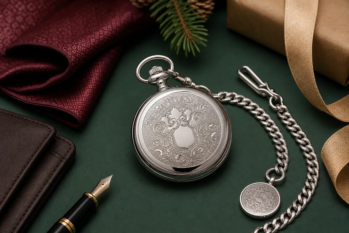Close-up of a boxed pocket watch Christmas gift