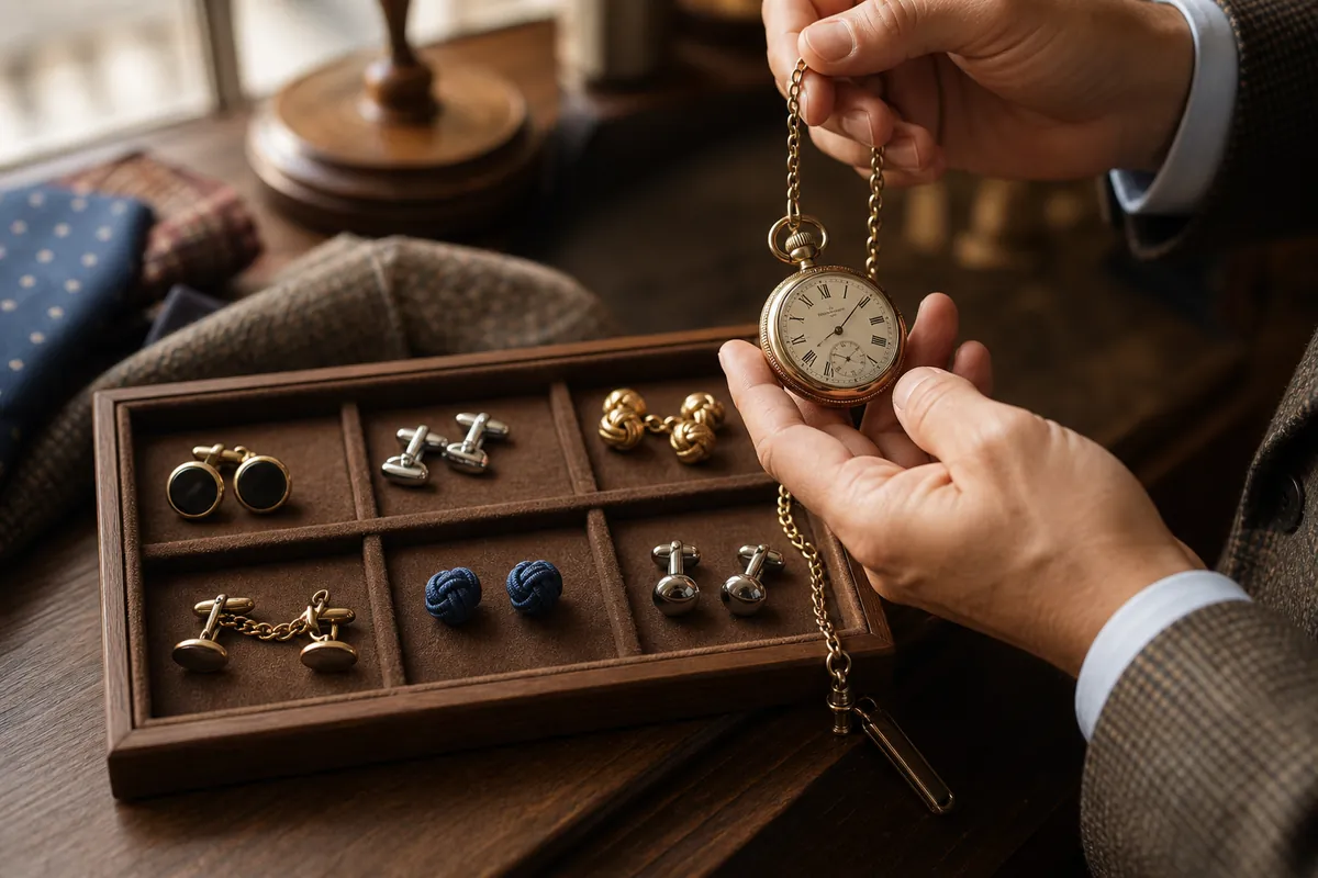 Mid-article supporting image of a person handling or selecting a pocket watch, contextually illustrating 'types of cuffl