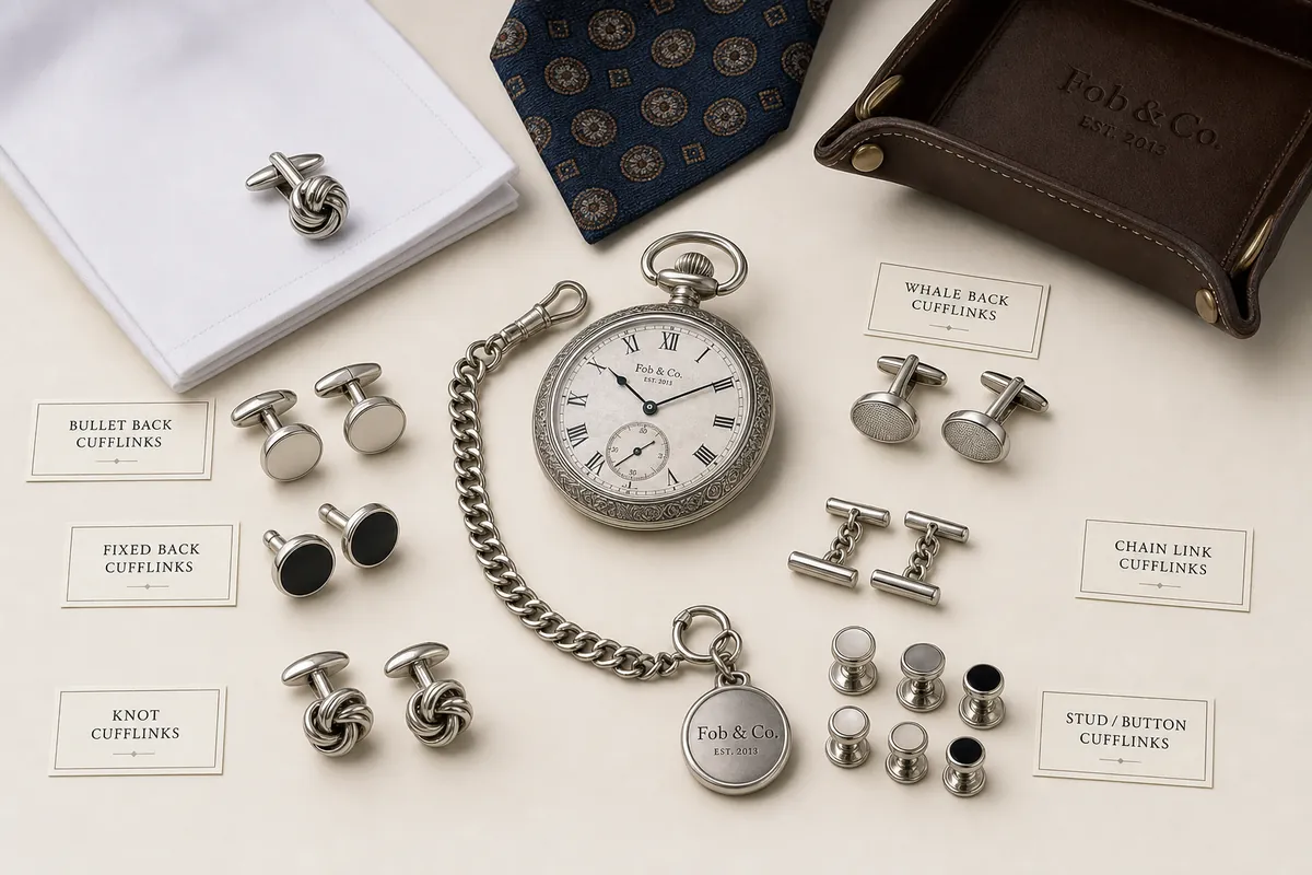 Detail close-up or styled flat-lay of a pocket watch with complementary accessories, contextually illustrating 'types of