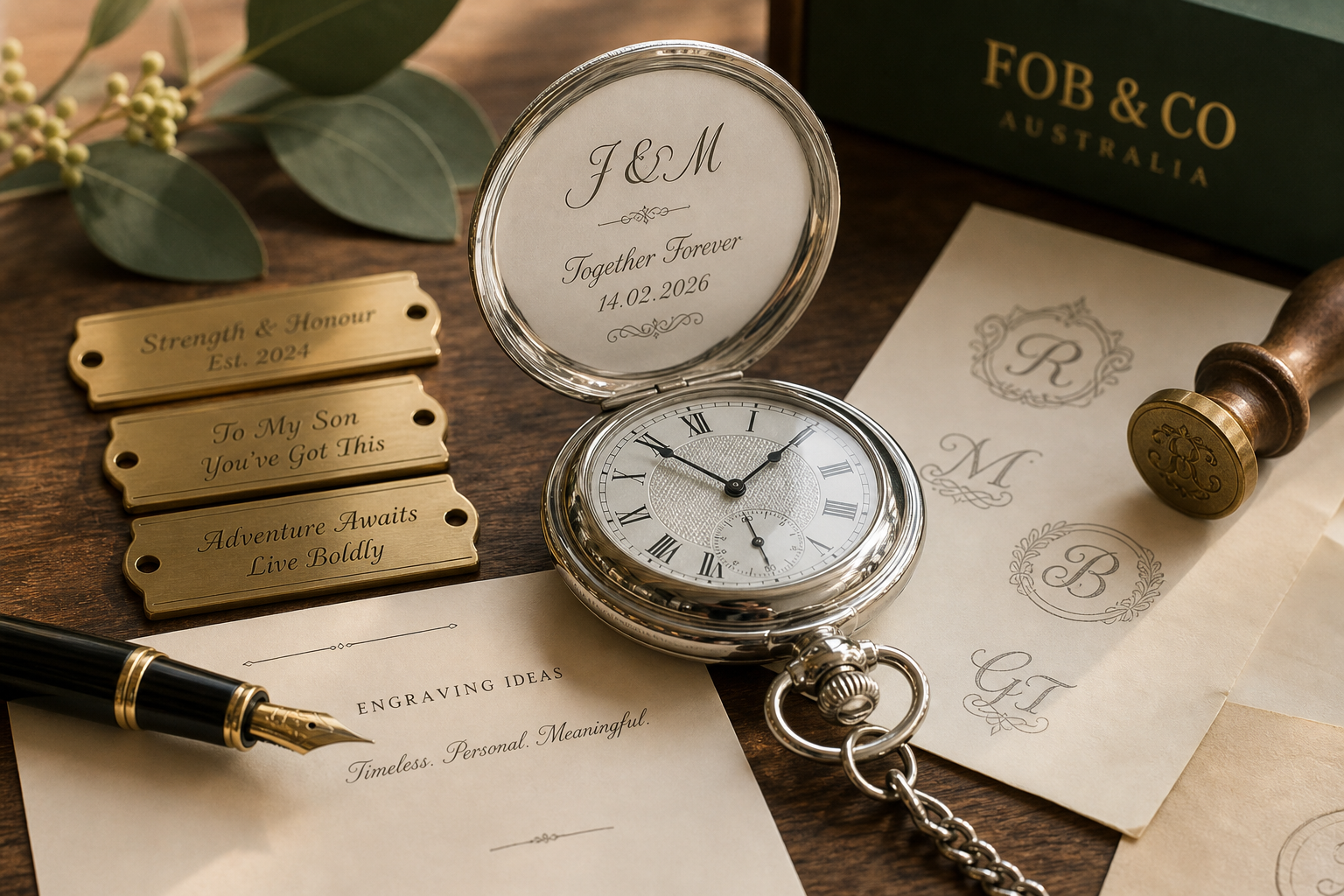 Hero lifestyle shot of a pocket watch, contextually illustrating 'pocket watch engraving ideas' for fobandco.com.au. no