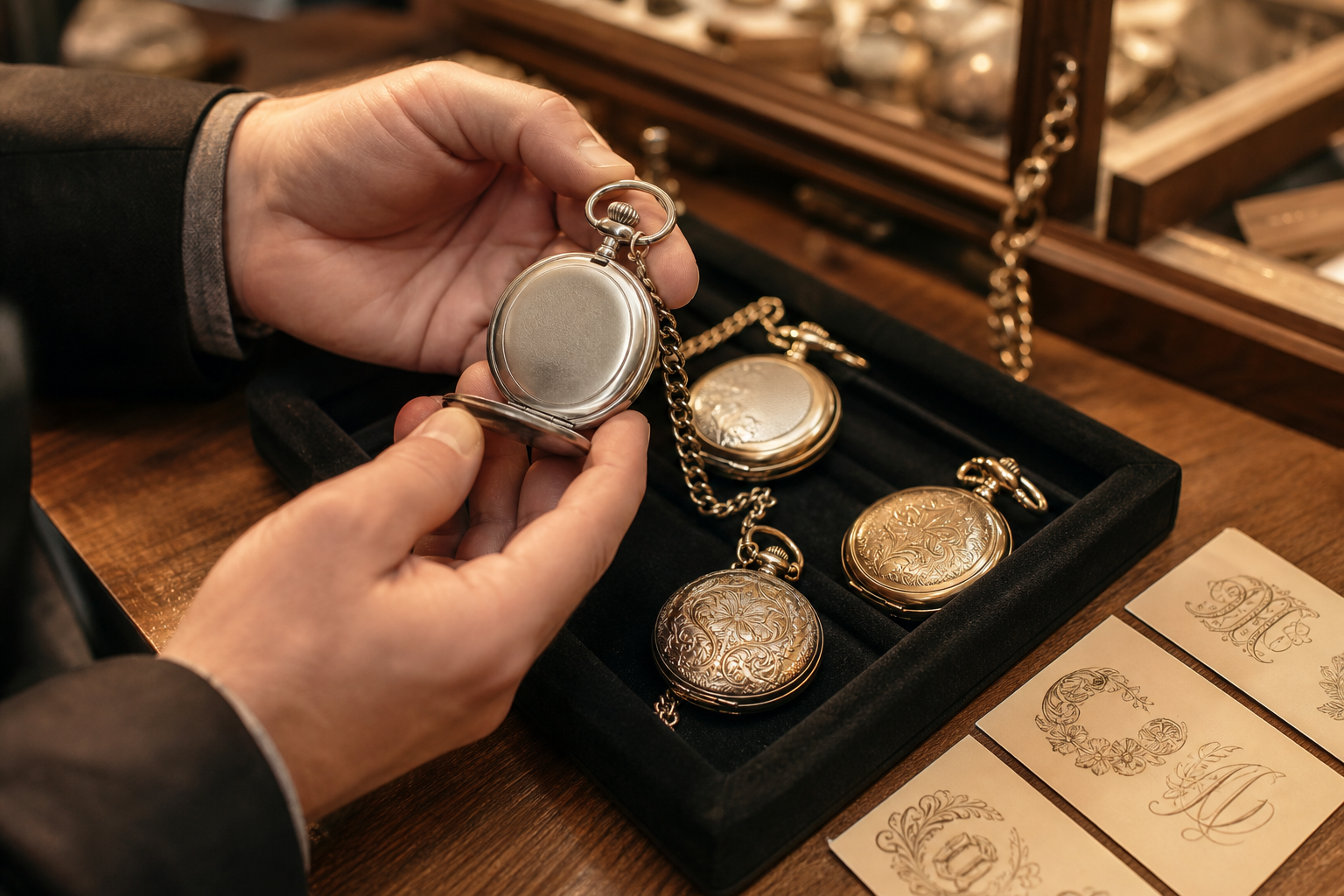 Mid-article supporting image of a person handling or selecting a pocket watch, contextually illustrating 'pocket watch e
