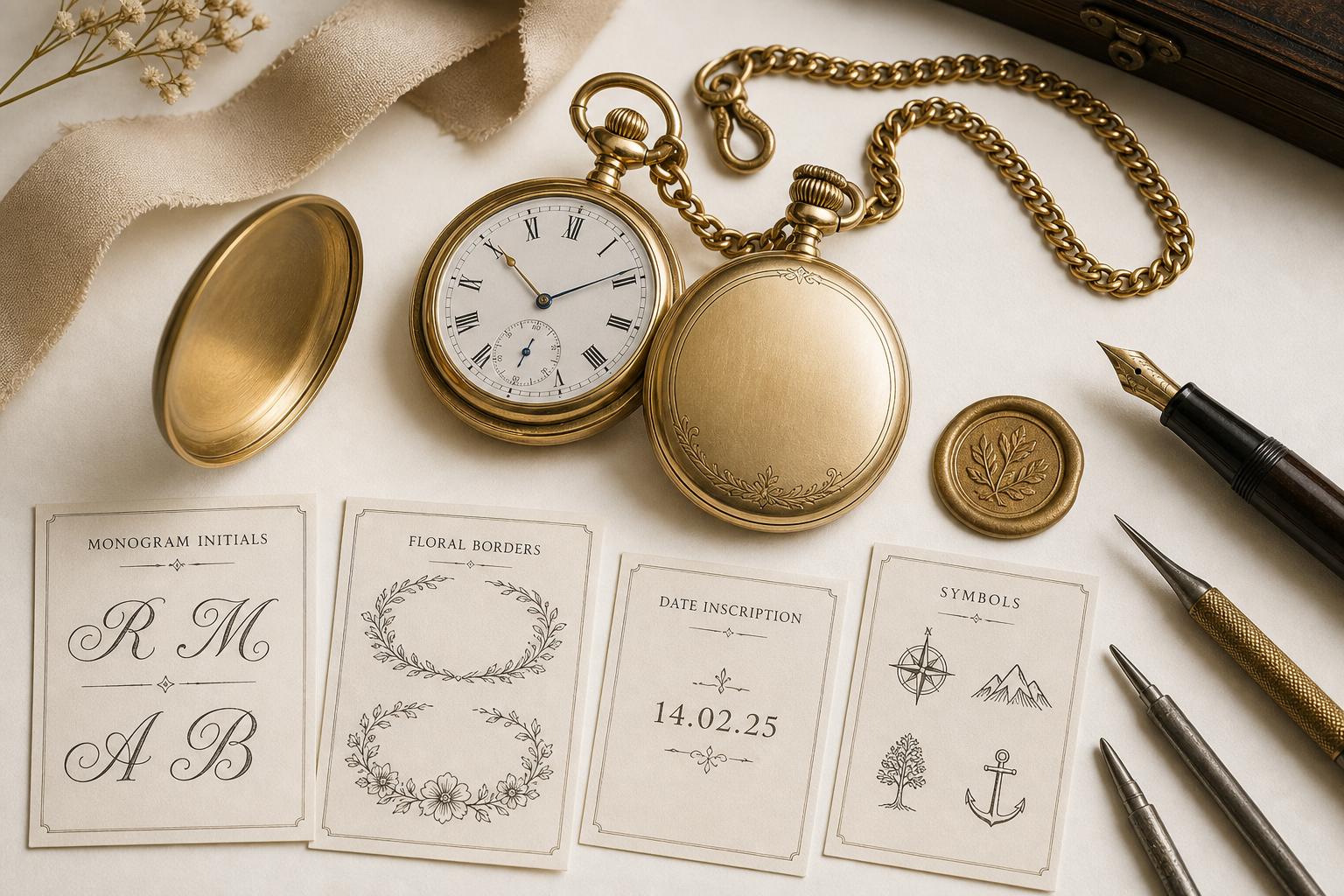 Detail close-up or styled flat-lay of a pocket watch with complementary accessories, contextually illustrating 'pocket w