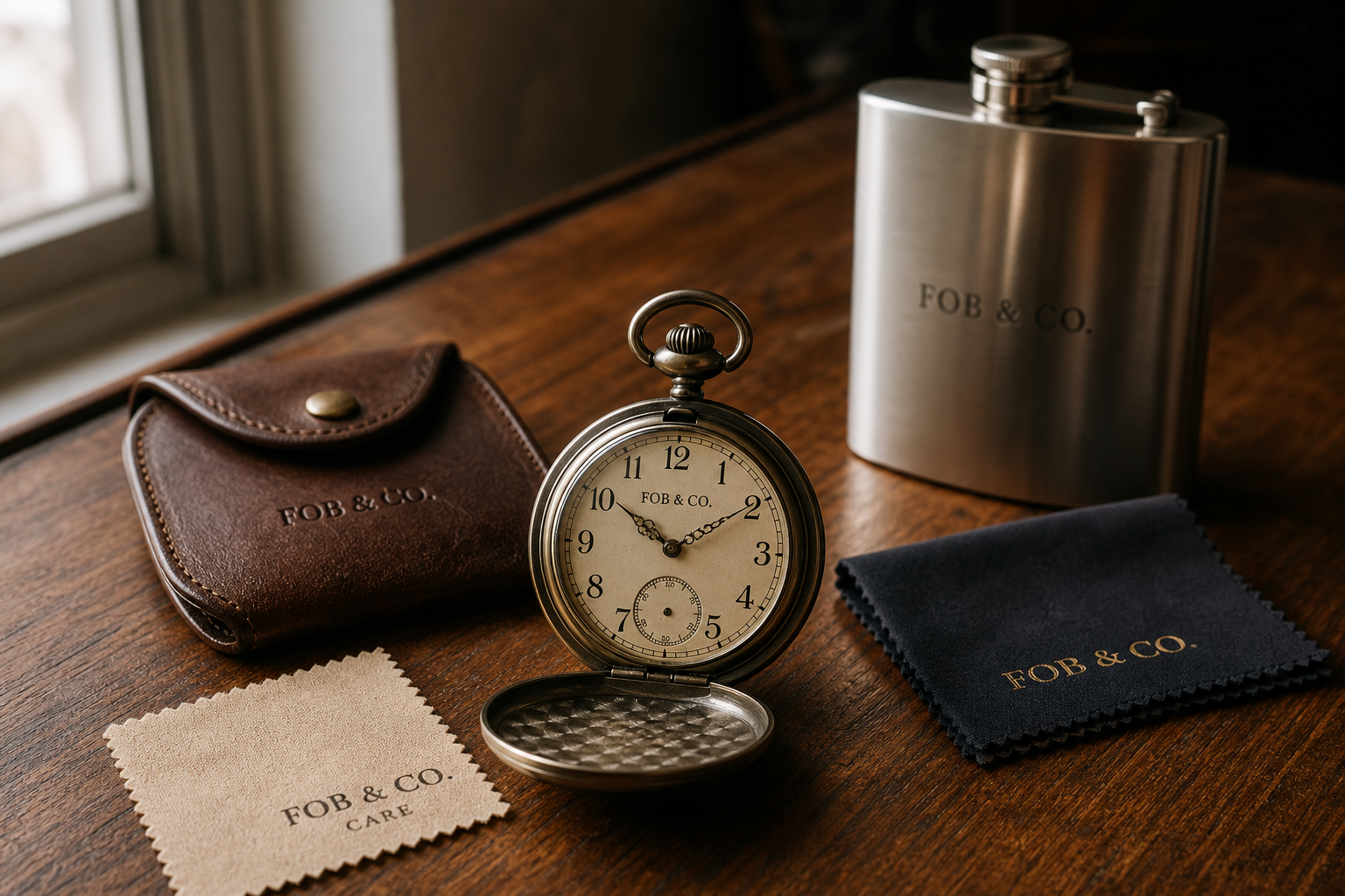 Hero lifestyle shot of a pocket watch, contextually illustrating 'hip flask care' for fobandco.com.au. no wristwatch, no