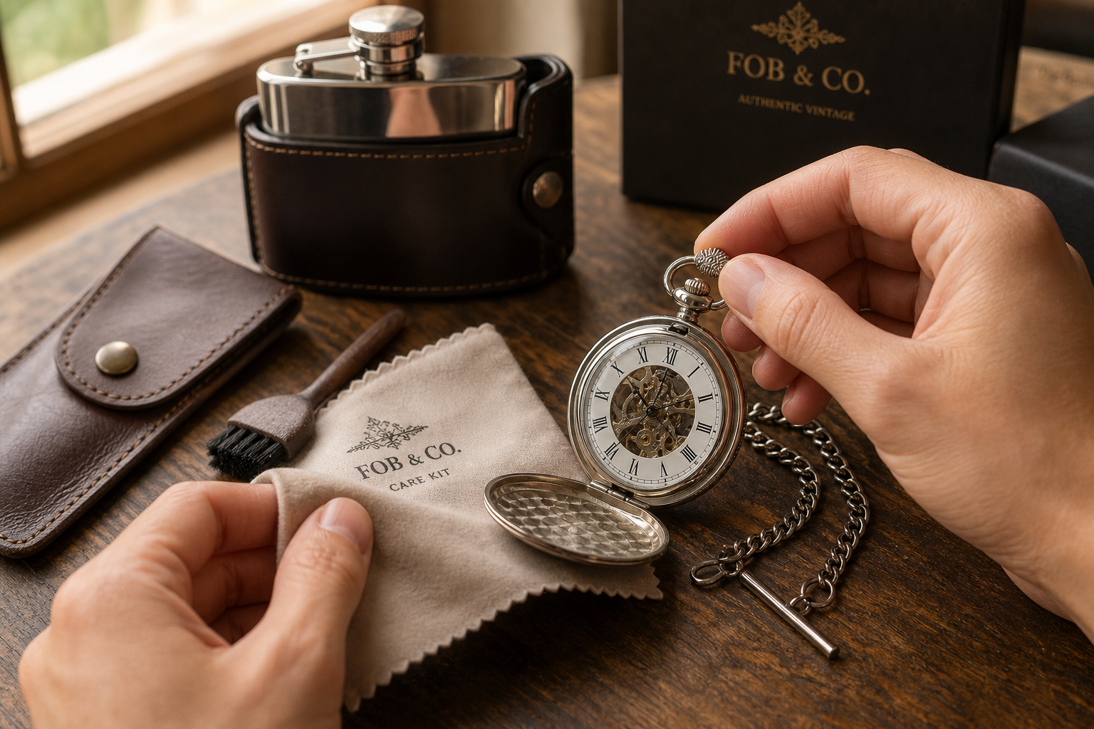Mid-article supporting image of a person handling or selecting a pocket watch, contextually illustrating 'hip flask care