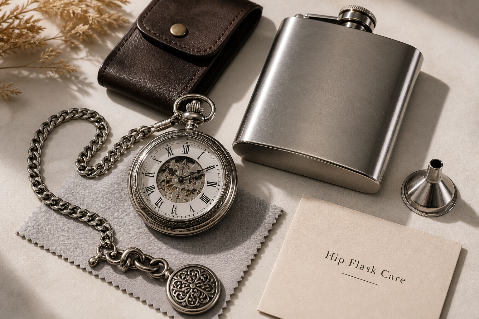 Detail close-up or styled flat-lay of a pocket watch with complementary accessories, contextually illustrating 'hip flas