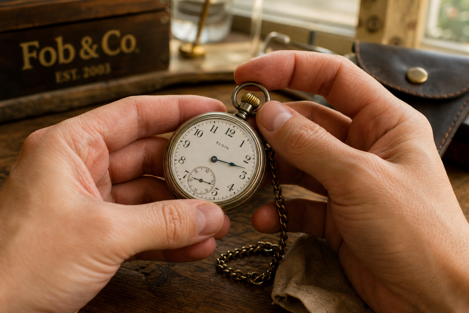 Mid-article supporting image of a person handling or selecting a pocket watch, contextually illustrating 'wind a pocket